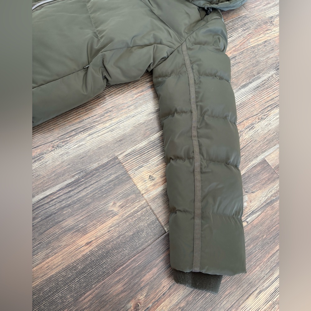Lands’ End Hooded Quilted Down Puffer Jacket XL Olive Green 38” Long Two-Way Zip - Picture 11 of 14